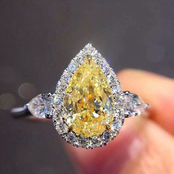 😍925 Silver Yellow Water Drop Romantic Crystal Diamond Ring for Women, K778 - Picture 9 of 10